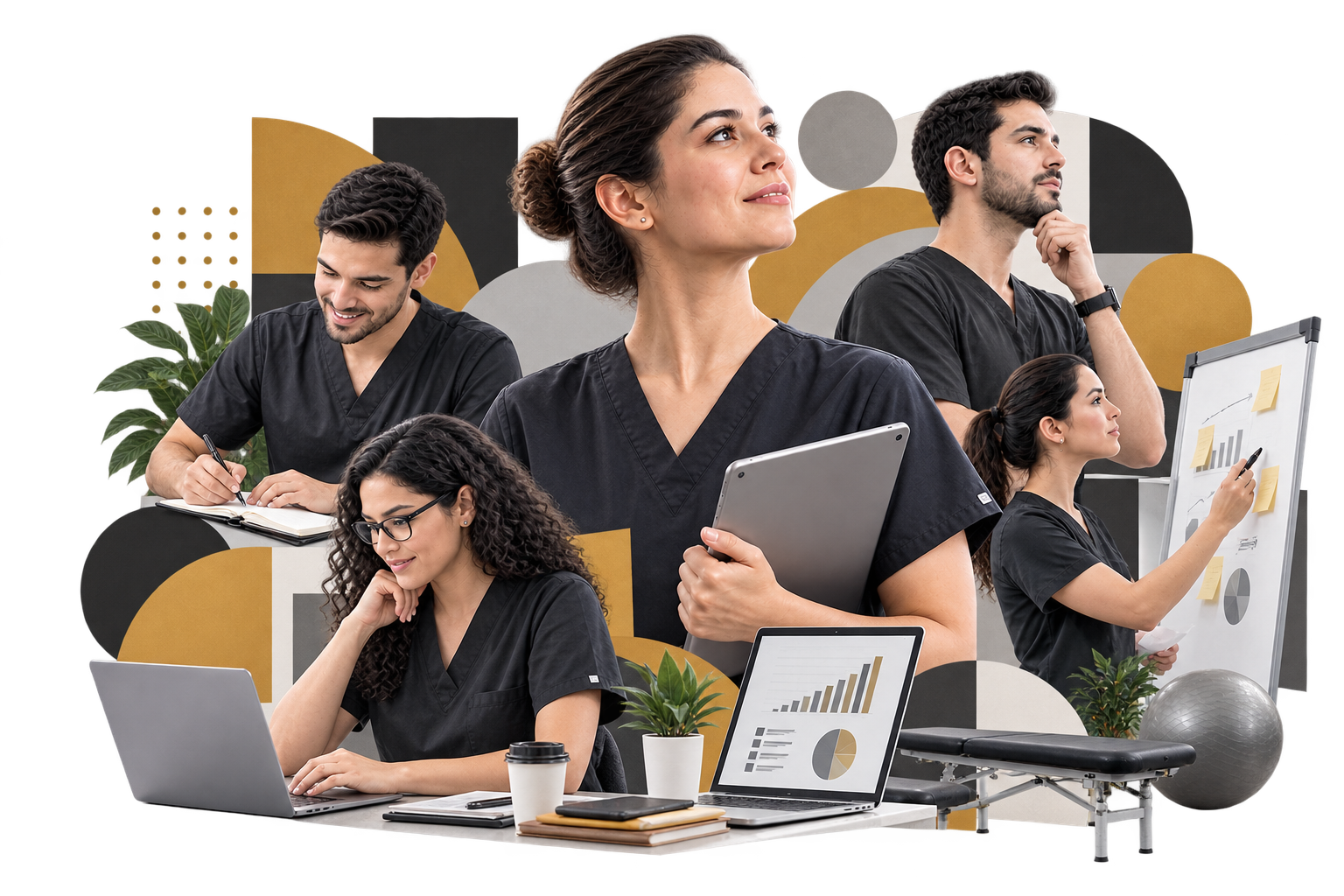Fisioterapeutas en uniforme oscuro trabajando con laptops, gráficas y planes de negocio para su práctica privada